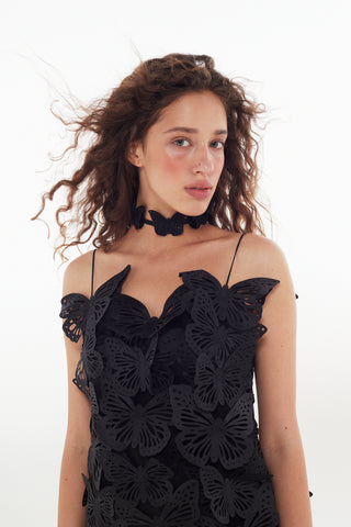 A-line spaghetti strap mini laser-cut dress with butterfly appliques