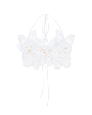 Укорочений топ бандо молочного кольору, прикрашений метеликами
