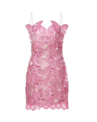Spaghetti strap mini laser-cut dress with butterfly appliques with crystals