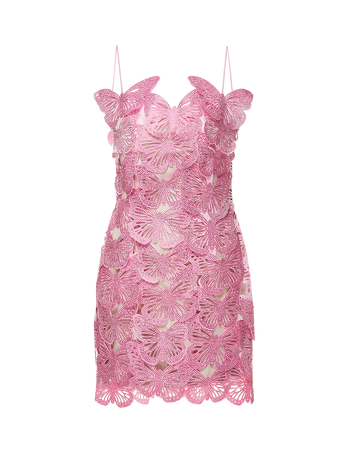 Spaghetti strap mini laser-cut dress with butterfly appliques with crystals