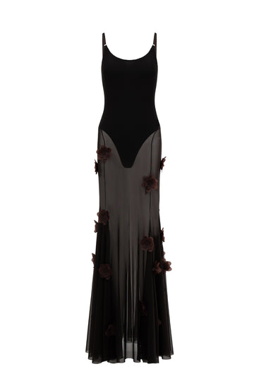 Valeria Maxi Dress with Peony Appliqué in Dark Brown