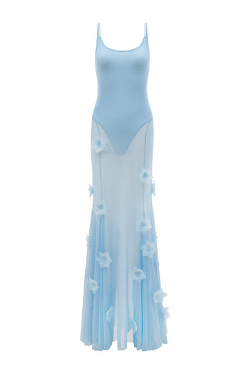 Valeria Maxi Dress with Peony Appliqué in Crisp Blue