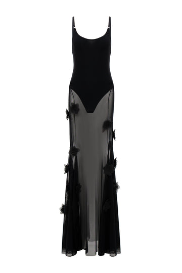 Valeria Maxi Dress with Peony Appliqué in Charcoal Black