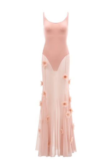 Valeria Maxi Dress with Peony Appliqué in Blush Nude