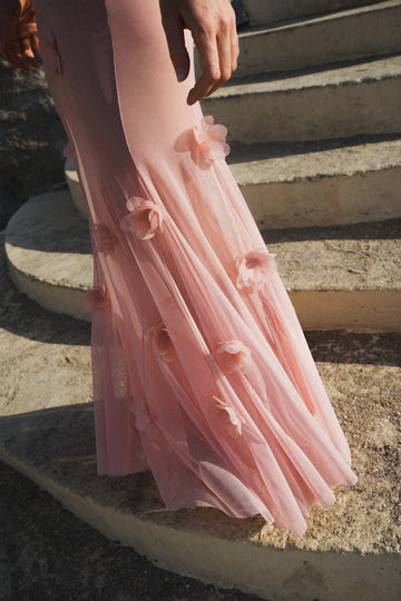 Valeria Nude Maxi Dress with Peony Appliqués