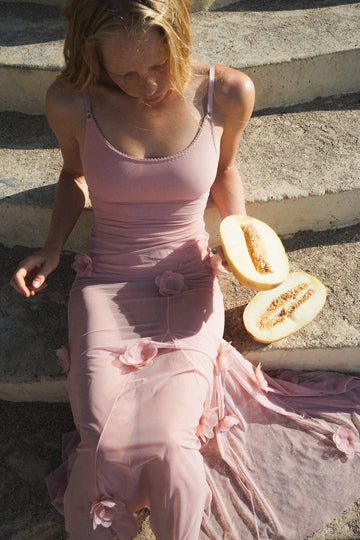 Valeria Nude Maxi Dress with Peony Appliqués