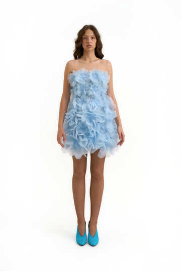 Courtney Corset Peony Dress in Crisp Blue