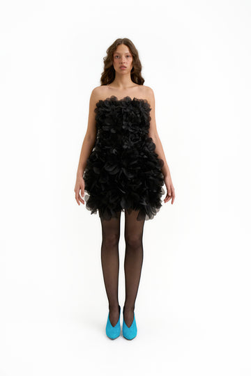 Courtney Corset Peony Dress in Charcoal Black