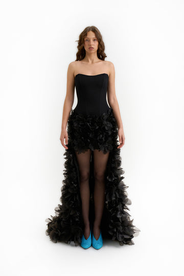 Alla Maxi Dress with Train in Charcoal Black
