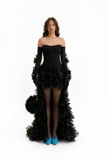 Alla Maxi Dress with Train in Charcoal Black