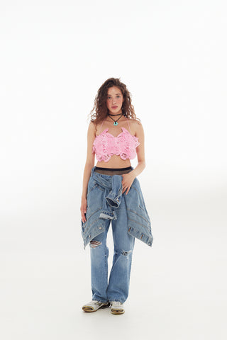 Cropped butterfly-embellished bandeau top in pink