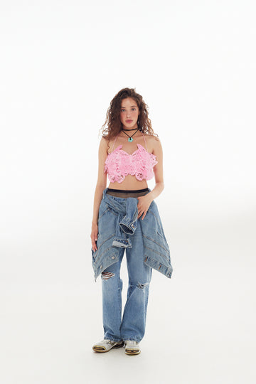 Cropped butterfly-embellished bandeau top in pink