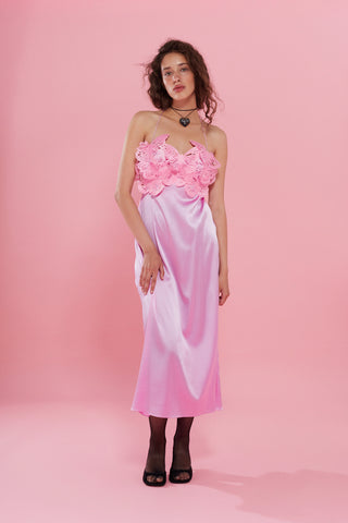 Butterfly applique-embellished silk midi dress in pink