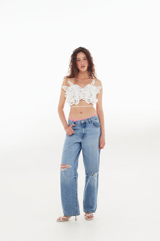Cropped butterfly-embellished bandeau top in white