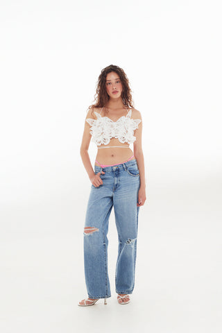 Cropped butterfly-embellished bandeau top in dairy