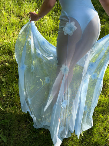 Valeria Maxi Dress with Peony Appliqué in Crisp Blue